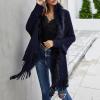 Womens Solid Color Collar Cloak Knitted Capes Shawl Tassel Open Front Cardigans Sweater Fitted T Shirts Women Dark Blue view 2
