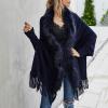 Womens Solid Color Collar Cloak Knitted Capes Shawl Tassel Open Front Cardigans Sweater Fitted T Shirts Women Dark Blue view 3