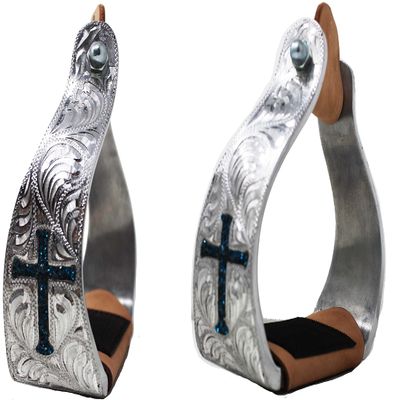 CHALLENGER Horse Horse Saddle Stirrups Western Aluminium Twisted Engraved Rhinestone Cross 51189TR