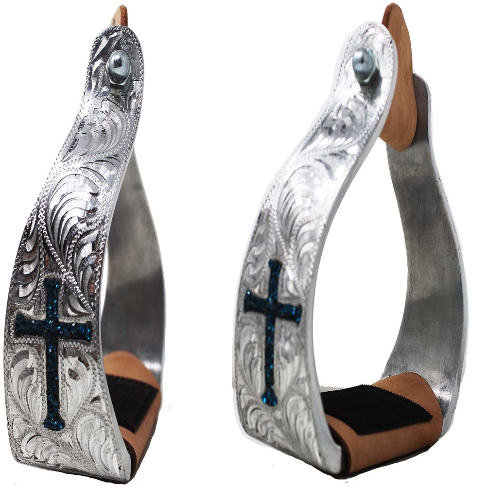 CHALLENGER Horse Horse Saddle Stirrups Western Aluminium Twisted Engraved Rhinestone Cross 51189TR