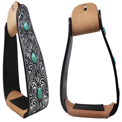 CHALLENGER Horse 5" Black Slanted Offset Angled Saddle Stirrups Green Turquoise Stone 51225