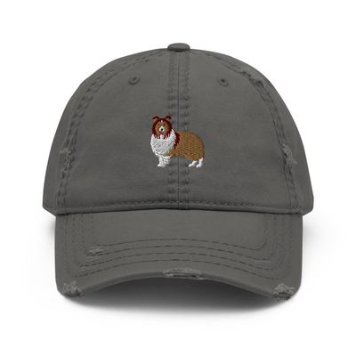 Sheltie hat, Embroidered hat, sheltland Sheepdog hat, Sheltie mom hat, Sheltie dad hat, Distressed Dad Hat. Charcoal Grey