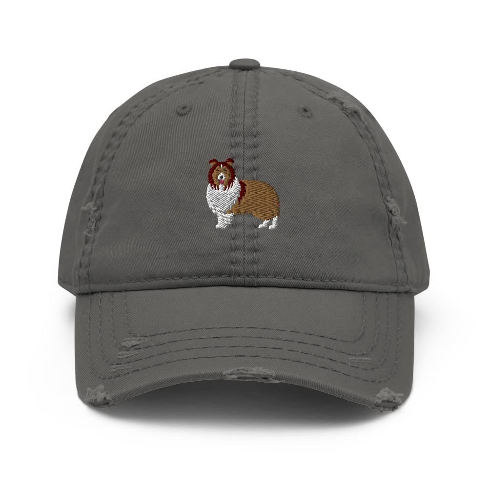 Sheltie hat, Embroidered hat, sheltland Sheepdog hat, Sheltie mom hat, Sheltie dad hat, Distressed Dad Hat. Charcoal Grey