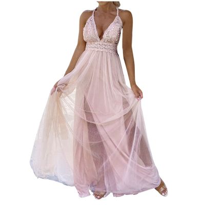 tuduoms Women's Long Tulle Bridesmaid Dresses Elegant V Neck Floor Length a Line Empire Waist Formal Wedding Guest Prom Dress Pink