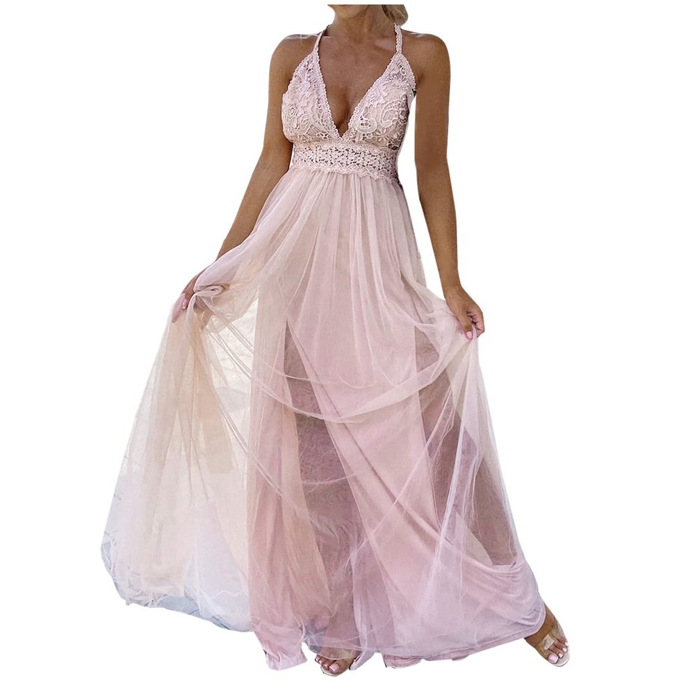 tuduoms Women's Long Tulle Bridesmaid Dresses Elegant V Neck Floor Length a Line Empire Waist Formal Wedding Guest Prom Dress Pink
