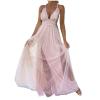 tuduoms Women's Long Tulle Bridesmaid Dresses Elegant V Neck Floor Length a Line Empire Waist Formal Wedding Guest Prom Dress Pink view 1