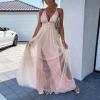 tuduoms Women's Long Tulle Bridesmaid Dresses Elegant V Neck Floor Length a Line Empire Waist Formal Wedding Guest Prom Dress Pink view 2