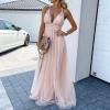 tuduoms Women's Long Tulle Bridesmaid Dresses Elegant V Neck Floor Length a Line Empire Waist Formal Wedding Guest Prom Dress Pink view 3