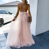 tuduoms Women's Long Tulle Bridesmaid Dresses Elegant V Neck Floor Length a Line Empire Waist Formal Wedding Guest Prom Dress Pink view 4