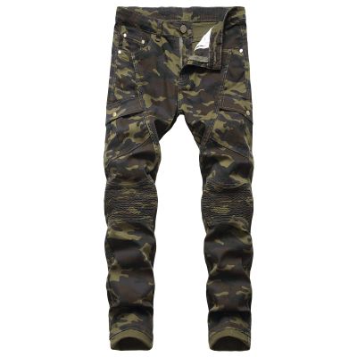 DGKaxiyaHM Men's Stretch Camo Biker Casual Pants Elastic Waist Regular Fit Camouflage Trousers Distressed Washed Cargo Pants (Army Green,40.00,5,OZ)