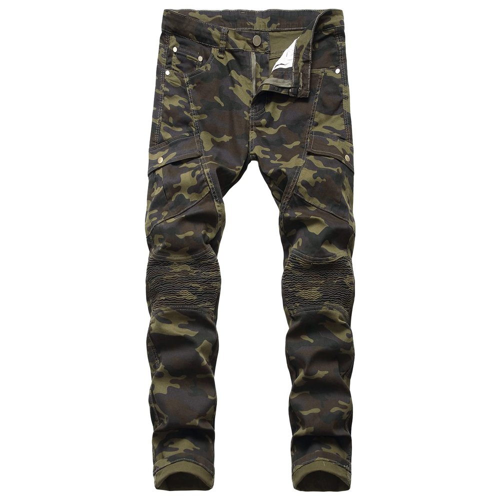 DGKaxiyaHM Men's Stretch Camo Biker Casual Pants Elastic Waist Regular Fit Camouflage Trousers Distressed Washed Cargo Pants (Army Green,40.00,5,OZ)