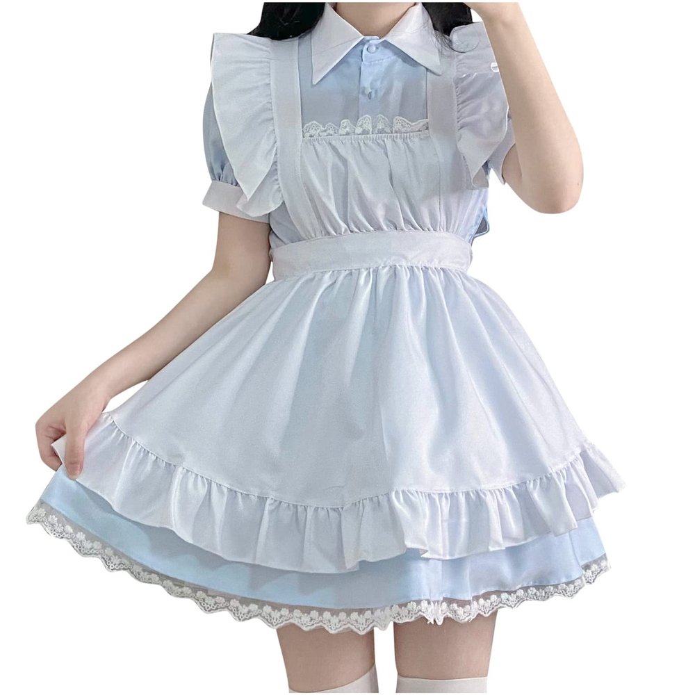 XUNRYAN Women's Two Pieces Outfits Cute Maid Dress with Apron Fancy Dresses Halloween Costume Lolita Dress Ball Gown Light Blue