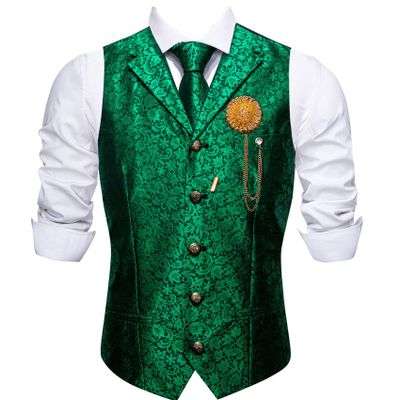 Barry.Wang Men Emerald Green Flower Formal Dress Vest Matched Paisley Tie Set Suit Waistcoat Wedding 5PCS