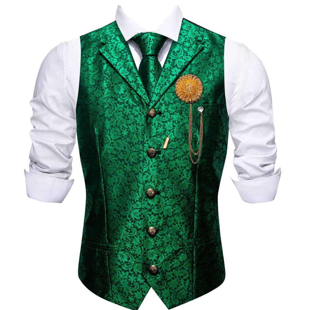 Barry.Wang Men Emerald Green Flower Formal Dress Vest Matched Paisley Tie Set Suit Waistcoat Wedding 5PCS