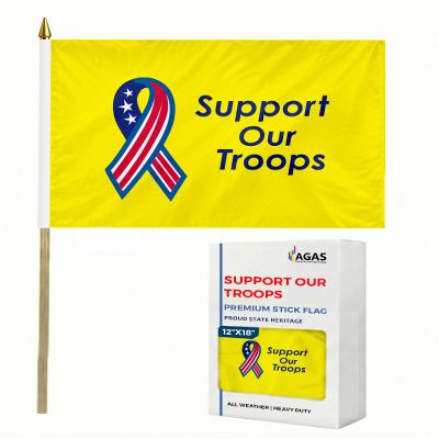 AGAS 12x18 Inch Military Stick Flags- mounted on 24 Inch tall x 5/16 inch dia Natural Wood pole with a gold ball spear. top. (Support our Troops-Yellow)