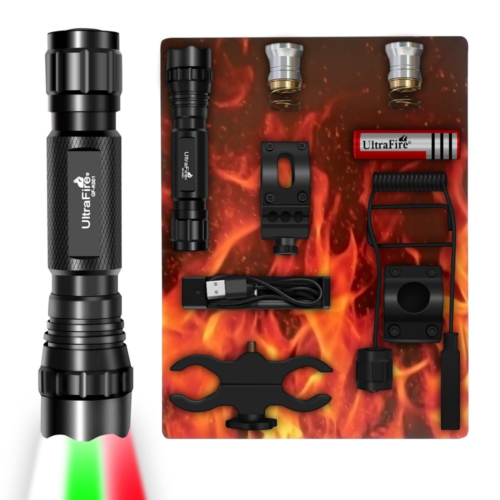 ULTRAFIRE Tactical Flashlights Predator Light with Interchangeable (Red, Green, White), 1200 Lumen LED Spotlight Light Hunting Flashlight with Picatinny Scope Mount and Pressure Switch, GF-K001