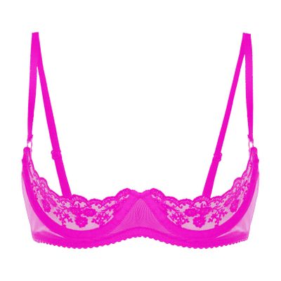 ACSUSS Womens Sheer Lace Lingerie 1/4 Cups Underwire Bras Bare Exposed Breast Push Up Bra Tops Rose X-Large
