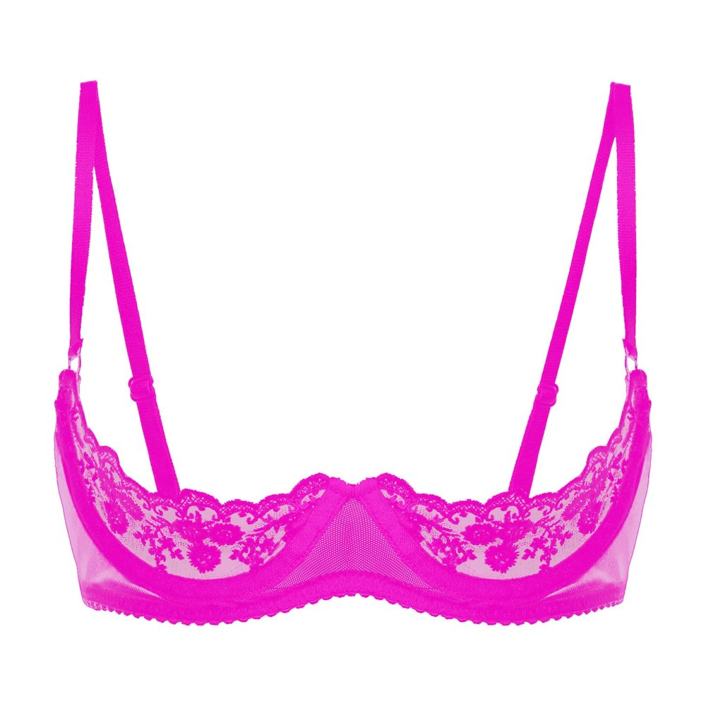 ACSUSS Womens Sheer Lace Lingerie 1/4 Cups Underwire Bras Bare Exposed Breast Push Up Bra Tops Rose X-Large