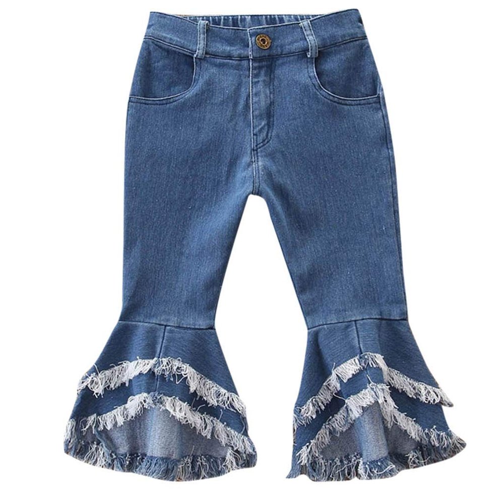 Children Toddler Kids Baby Girls Flare Pants Denim Tassel Clothes Jeans Pants Elastic Pants (Blue, 5-6 Years)