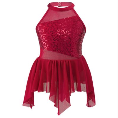 Moily Big Girls Sequins Ballet Latin Lyrical Dance Dress Halter Cutout Back Leotard Irregular Skirts Burgundy 8