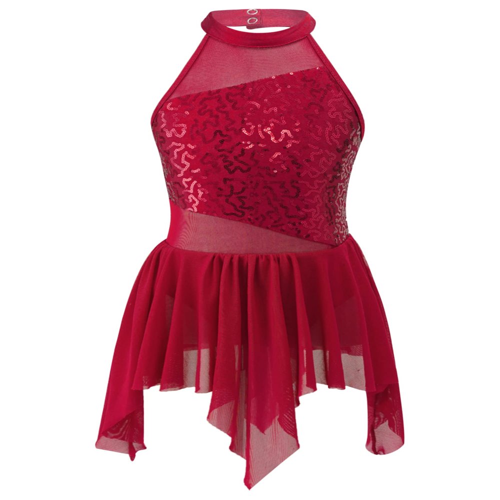 Moily Big Girls Sequins Ballet Latin Lyrical Dance Dress Halter Cutout Back Leotard Irregular Skirts Burgundy 8