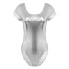Sywiyi Women's Shiny Metallic Bodycon Bodysuit Long Sleeve Scoop Neck Gymnastics Leotard Dance Costume Silver Short Sleeve Small view 1