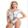 Sywiyi Women's Shiny Metallic Bodycon Bodysuit Long Sleeve Scoop Neck Gymnastics Leotard Dance Costume Silver Short Sleeve Small view 2