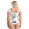 Sywiyi Women's Shiny Metallic Bodycon Bodysuit Long Sleeve Scoop Neck Gymnastics Leotard Dance Costume Silver Short Sleeve Small view 4