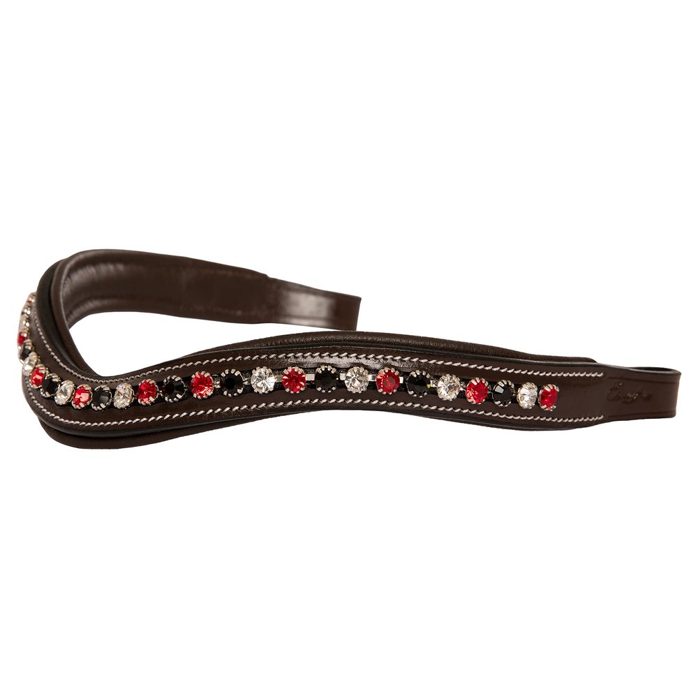 Exion Curved Crystal Browband for Horses Soft Padded Bling English Bridle Brow Band | Dressage, Show, Jumping | Black, Brown | Cob, Full, Warmblood | Red, Black & Clear Crystal Browband for Horses