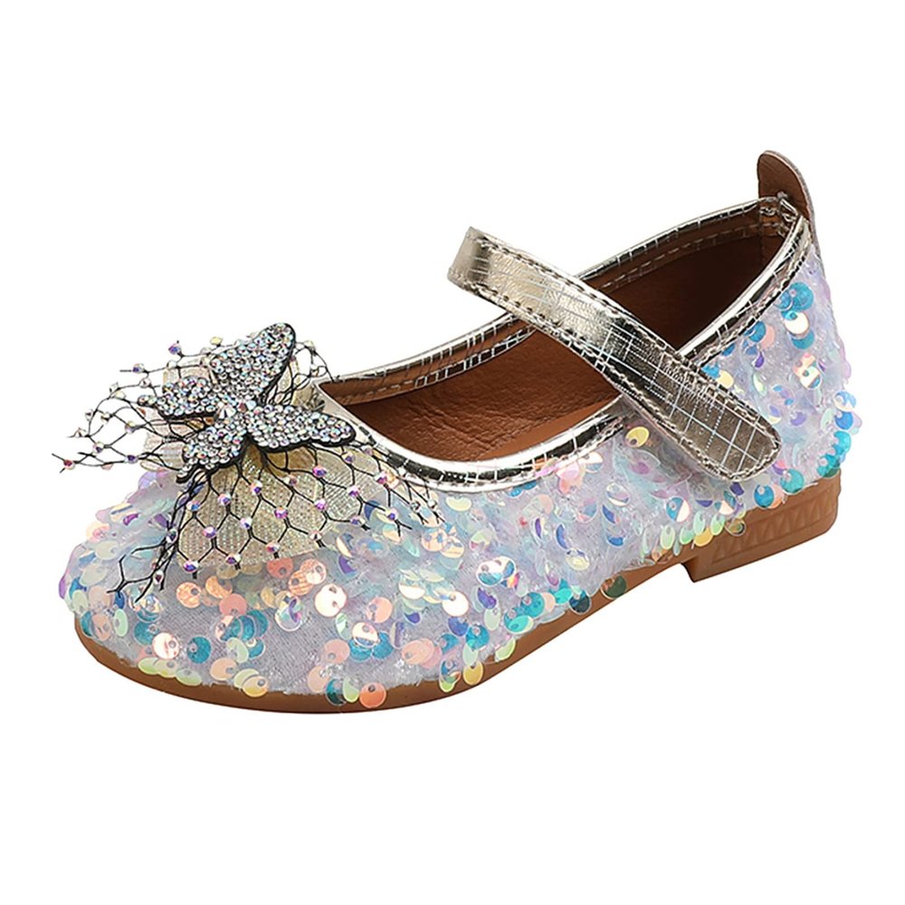 Summer Autumn Fashion Cute Girls Casual Shoes Colorful Sequins Shiny Rhinestone Bow Metallic (White, 5-5.5 Years)