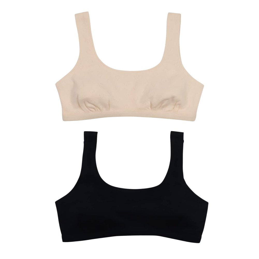 Hanes Girl's 2 Pack Pointelle Square Neck Crop, Pearl/Black, Medium