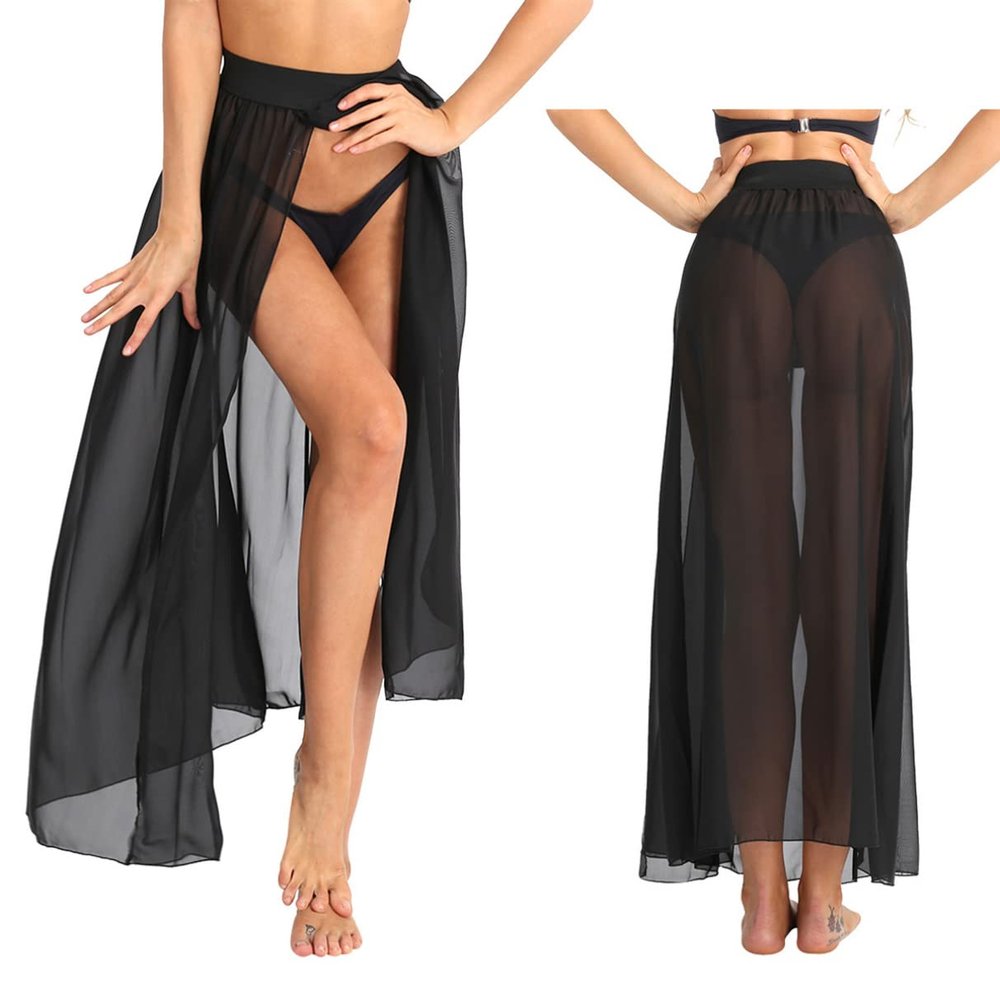 Sywiyi Women's Beach Sarong Pareo Elastic Waistband Sheer Chiffon Split Long Skirt Swimwear Cover Up Black Medium