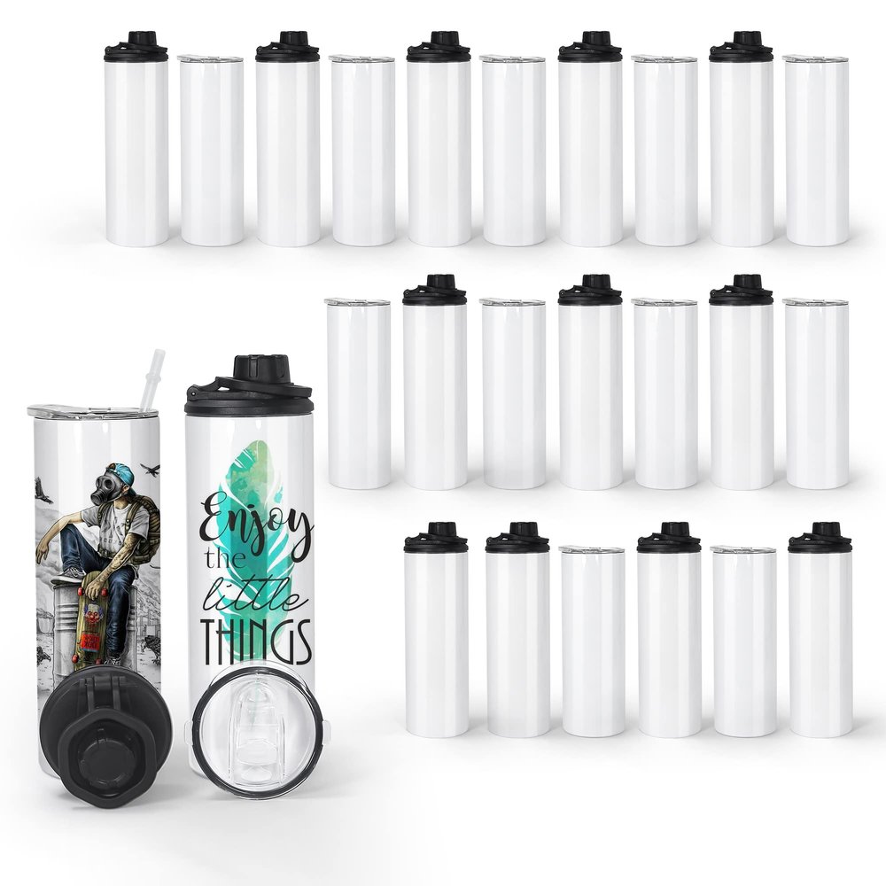 AGH 20oz 30 Pack Sublimation Blank Tumbler with Spout Lid, Insulated Sublimation Water Bottle Blanks, Stainless Steel Leakproof Double Wall Metal Large Water Bottle, Sublimation Wide Mouth Sport Cup