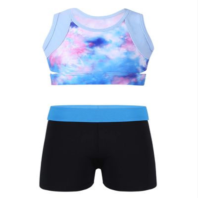 dPois Kids Girls 2-Piece Sports Dance Outfits Set with Shorts Tie Dye Gymnastics Leotard Dancewear Swimwear Sea Sky&Light Blue 10 Years