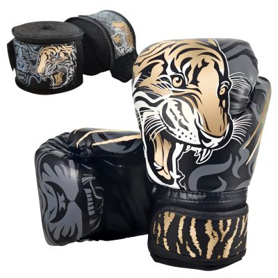 Boxing Gloves and Hand Wraps Set, 6 oz Weight Style in Gold Tiger Print Lightweight Speed Mitts for Heavy Bag, Kickboxing, Muay Thai & Cardio Fitness