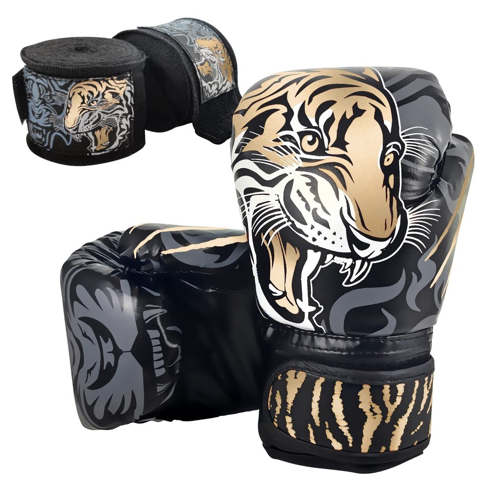 Boxing Gloves and Hand Wraps Set, 6 oz Weight Style in Gold Tiger Print Lightweight Speed Mitts for Heavy Bag, Kickboxing, Muay Thai & Cardio Fitness