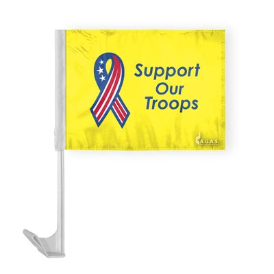 AGAS 12x16 inch US Yellow Support Our Troops Military Car Flag - Attached to 17 inch White Plastic Flex Pole- Single Sided Print on Polyester Fabric- Stitched Edges- with a Window Plastic Clip- Tear and Water Resistant- Perfect for displaying on your
