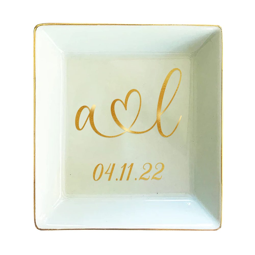 TEEAMORE Personalized Ring Dish Custom Trinket Tray Add Your Initials With Heart And Date Valentines Day Wedding Jewelry Tray