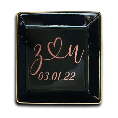 TEEAMORE Personalized Ring Dish Custom Trinket Tray Add Your Initials With Heart And Date Valentines Day Wedding Jewelry Tray