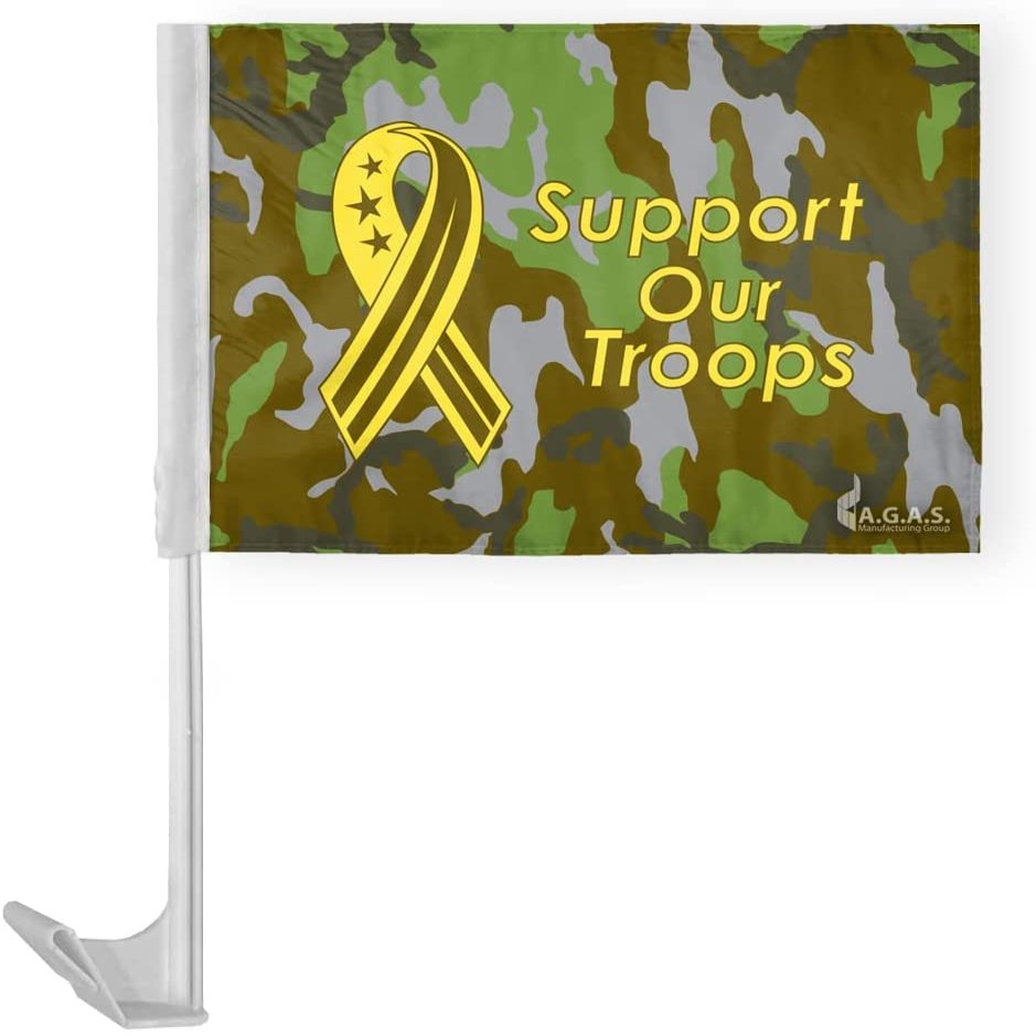 AGAS 12x16 inch US Support Our Troops Car Flag- Camouflage Military Car Flag - Attached to 17 inch White Plastic Flex Pole- Single Sided Print on Polyester Fabric- Stitched Edges- with a Window Plastic Clip- Tear and Water Resistant- Perfect for disp