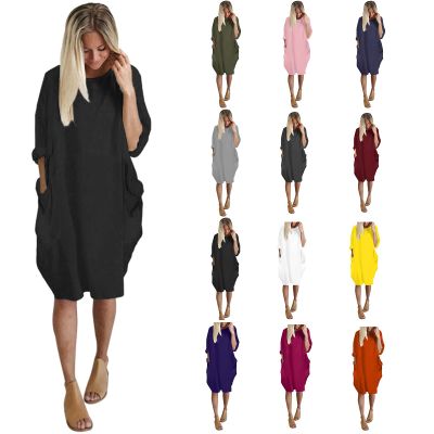 Shirt Dress for Women Casual Crew Neck Long Sleeve Loose fit Midi Shift Dresses with Pockets