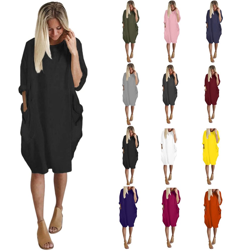 Shirt Dress for Women Casual Crew Neck Long Sleeve Loose fit Midi Shift Dresses with Pockets