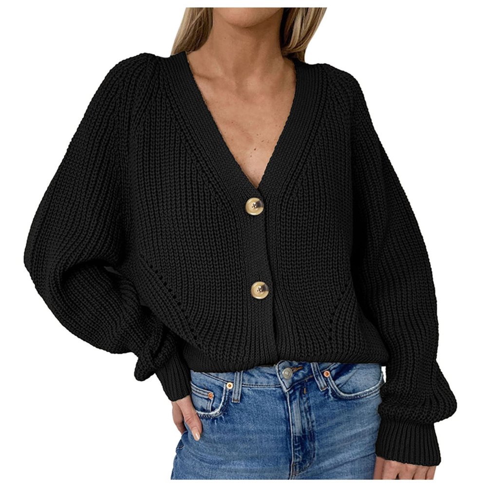 Women's Autumn and Winter Casual Style Knit Hollow Sweater V-Neck Long Sleeve Solid Color Warm Cardigans Black