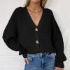 Women's Autumn and Winter Casual Style Knit Hollow Sweater V-Neck Long Sleeve Solid Color Warm Cardigans Black view 2