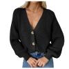 Women's Autumn and Winter Casual Style Knit Hollow Sweater V-Neck Long Sleeve Solid Color Warm Cardigans Black view 3