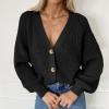 Women's Autumn and Winter Casual Style Knit Hollow Sweater V-Neck Long Sleeve Solid Color Warm Cardigans Black view 4