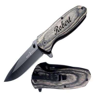 Blue Steel - Personalized Laser Engraved Pocket Knife with Stonewashed Blade, Brown wood Handle with Pocket Clip, Dad Gifts, Boyfriend, Groomsmen, Valentines Day Gift for Him, (Gray)
