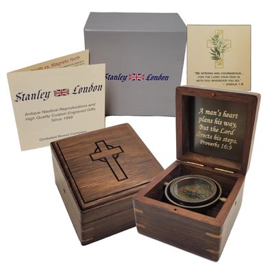 Engraved Compass Personalized in Wood Box | Antique Brass Desk Compass Gifts for Men, Him, Son, Grandson, Teen Boys for Graduation, Baptism, Confirmation, Leadership (Proverbs 16:9)