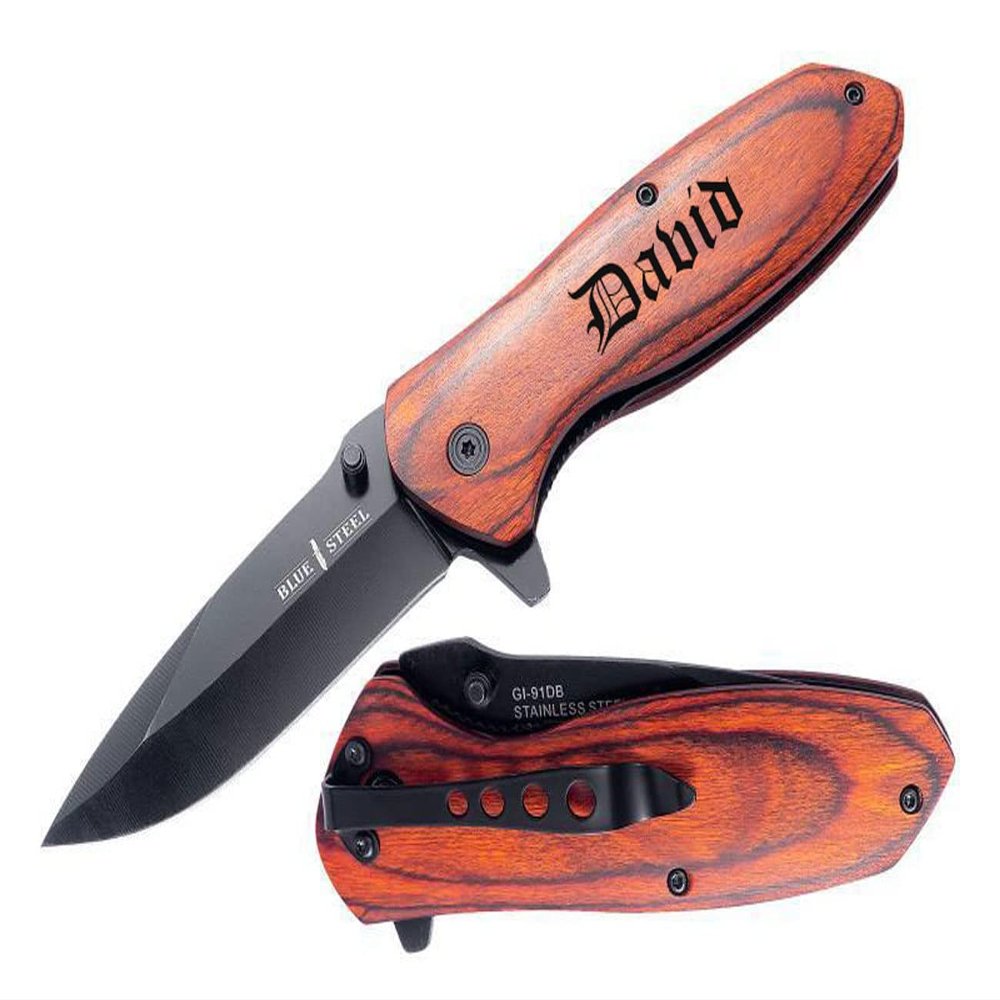 Blue Steel - Personalized Laser Engraved Pocket Knife with Stonewashed Blade, Brown wood Handle with Pocket Clip, Dad Gifts, Boyfriend, Groomsmen, Valentines Day Gift for Him, (Brown)