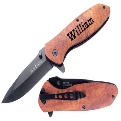 Blue Steel - Personalized Laser Engraved Pocket Knife with Stonewashed Blade, Brown wood Handle with Pocket Clip, Dad Gifts, Boyfriend, Groomsmen, Valentines Day Gift for Him, (Lt Brown)